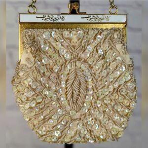 Vintage Hand Beaded Sequin Ivory Clutch Evening Purse by Laura